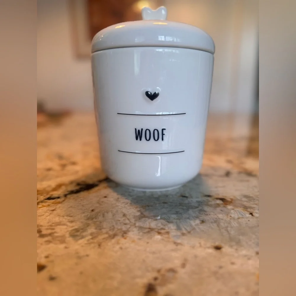 White Ceramic Dog Treat Jar with Heart Design